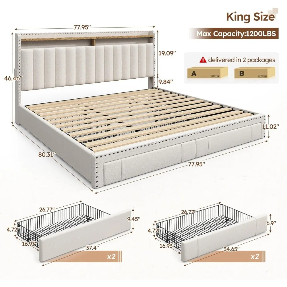 Ljustra King Size Bed Frame with 4 Storage Drawers Upholstered Support