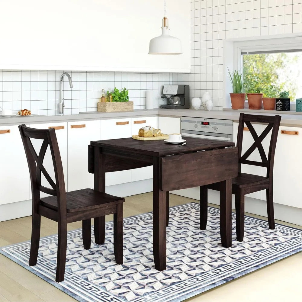 3 Piece Drop Leaf Kitchen Table Set with X-Back Chairs for Small Space