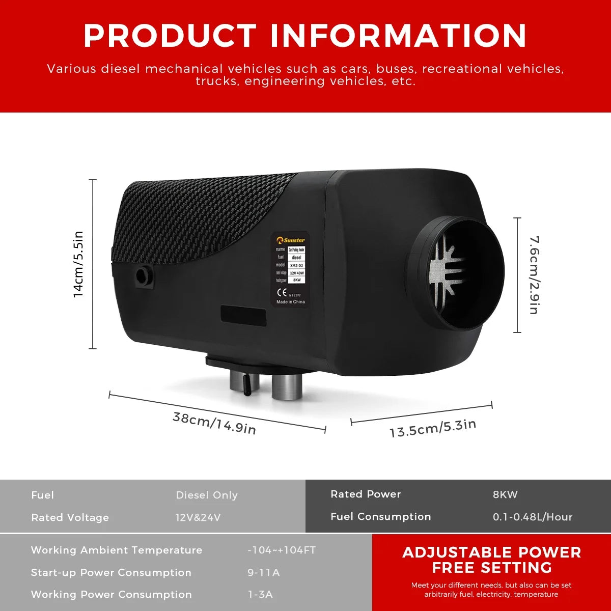 8KW Portable Diesel Air Heater 12V 24V Bluetooth Low Noise LCD Control