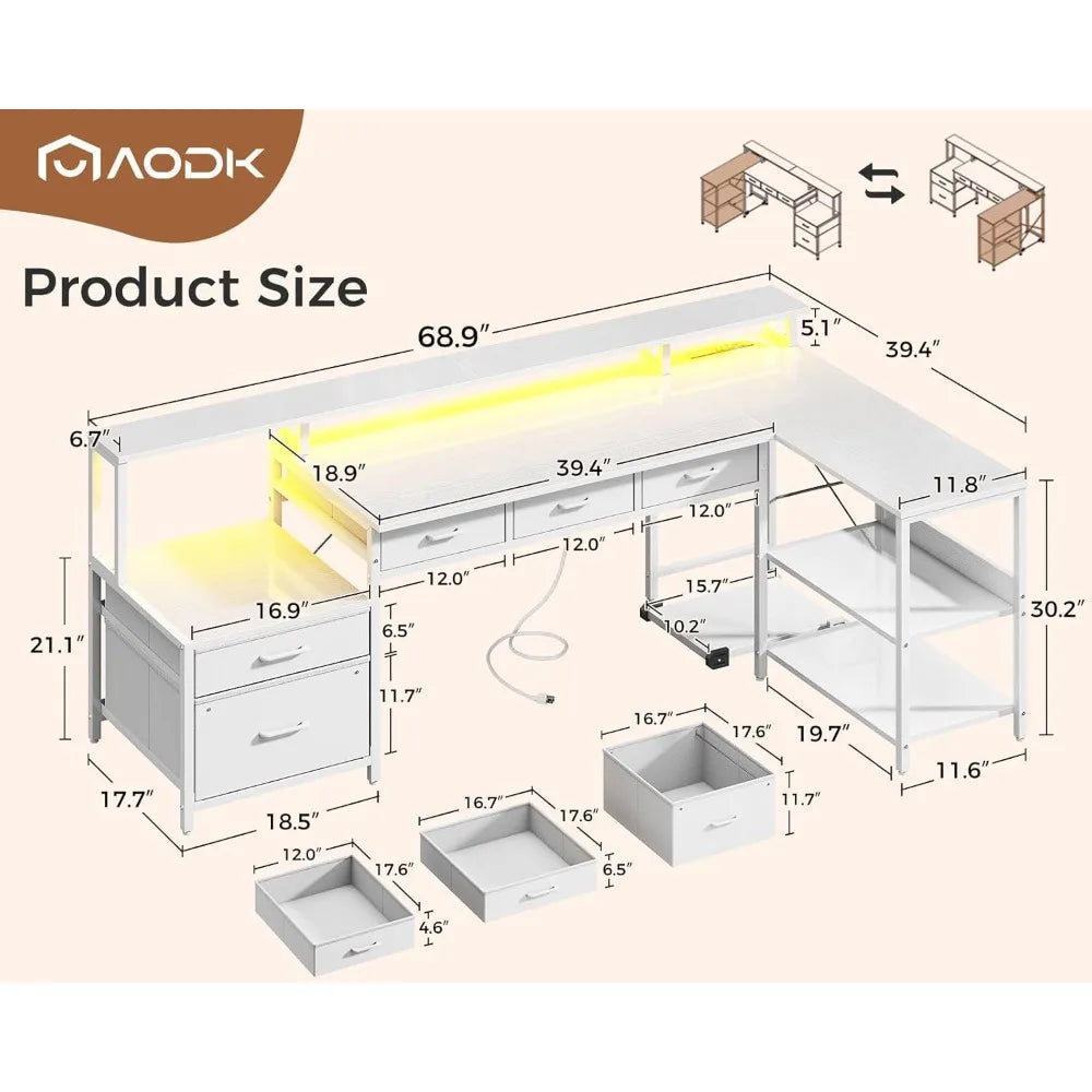 L Shaped Computer Desk with Power Outlet LED Strip 66 Inch Storage
