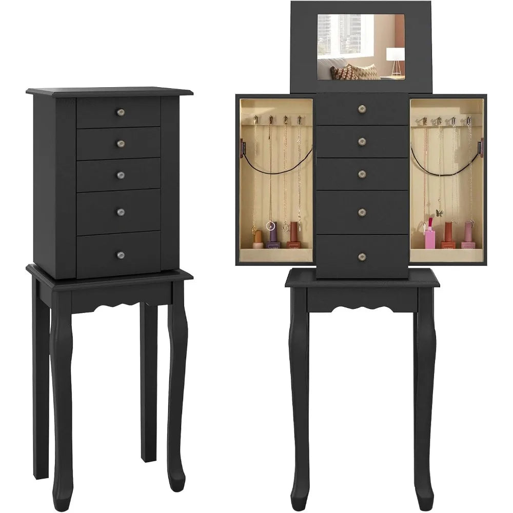 Jewelry Cabinet Armoire Chest with 4 Drawers Flip Top Mirror Hooks