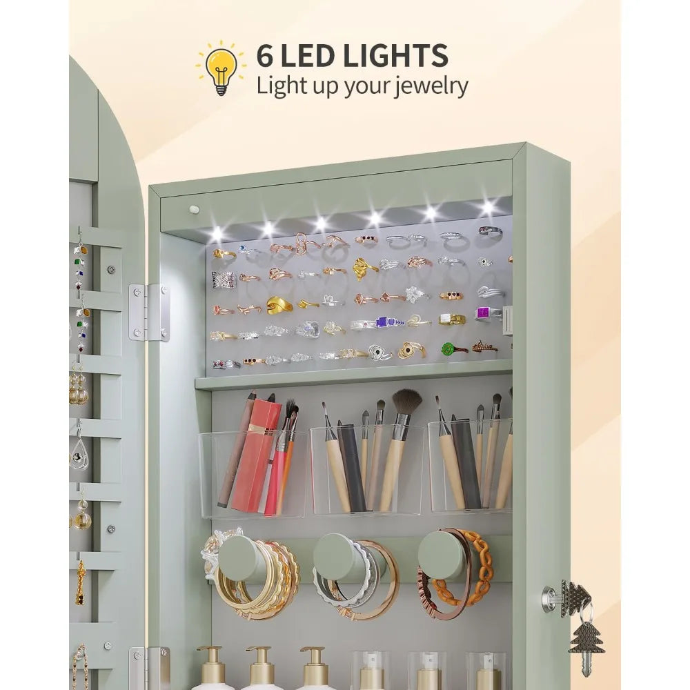 Arched Lighted Mirror Jewelry Cabinet Wall Door Mount Organizer
