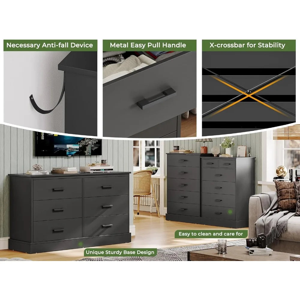 Black 5 Drawer Dresser Wooden Storage Cabinet Tall Chest for Bedroom