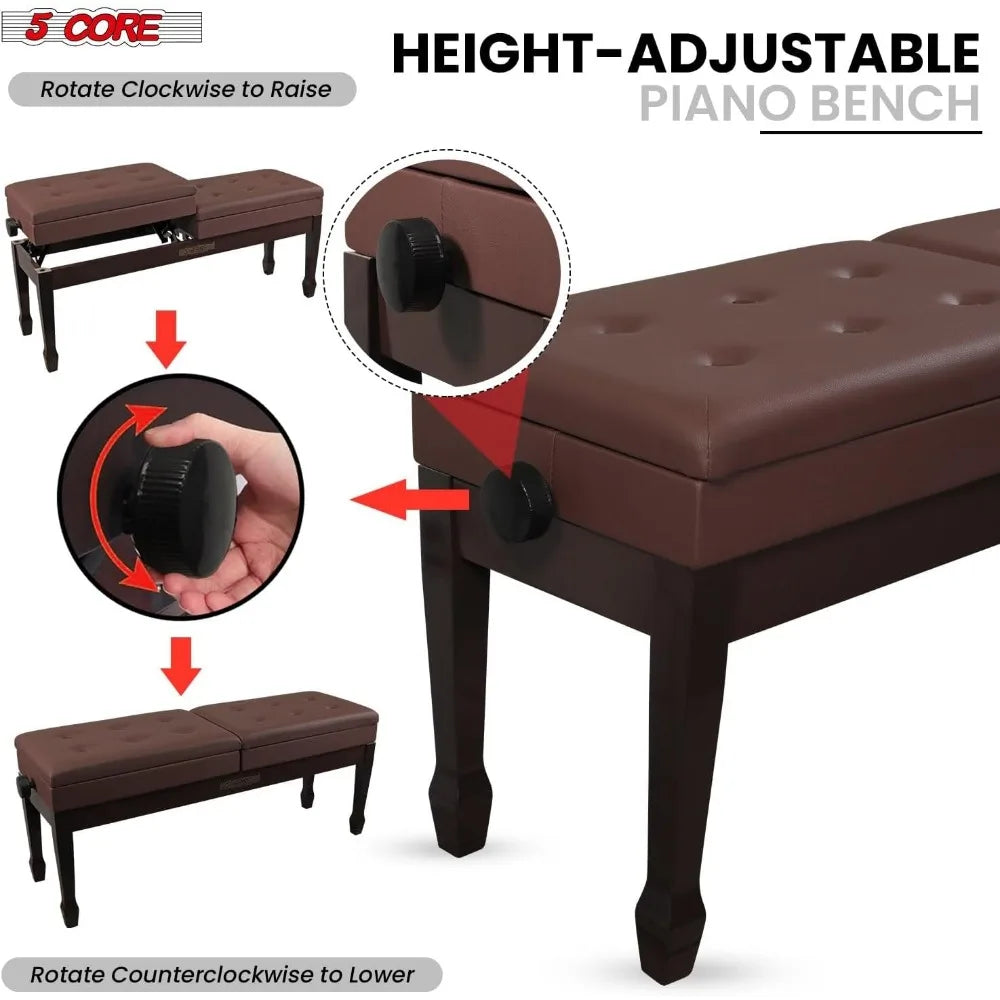 Duet Piano Bench Storage Height Adjustable Wooden Keyboard Stool
