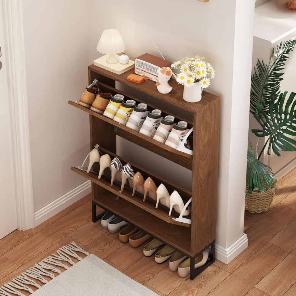 Modern Shoe Cabinet Freestanding Shoe Organizer with 2 Flip Drawers