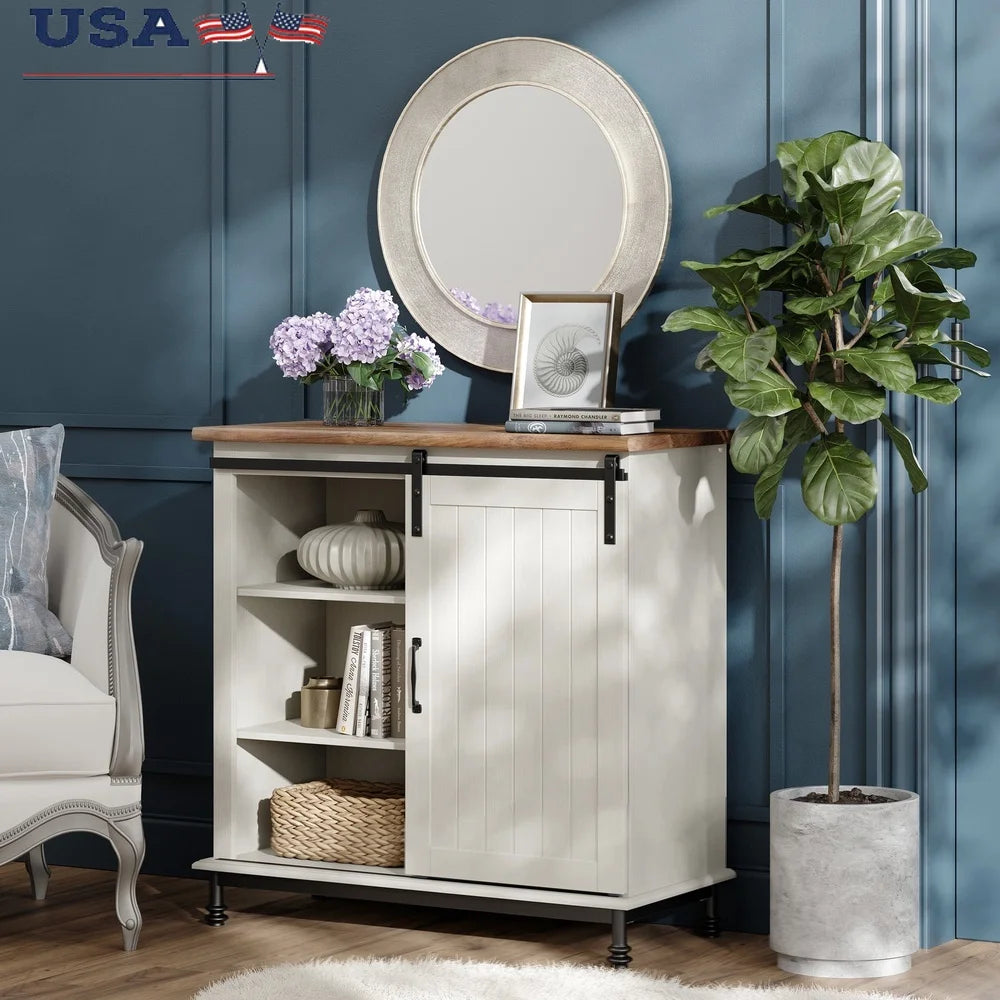 White Buffet Cabinet Sliding Barn Door Adjustable Shelves Storage Unit
