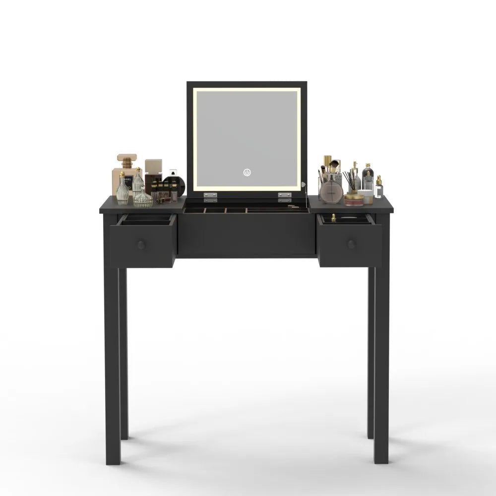 Elegant Black Vanity Table with LED Mirror and Jewelry Storage