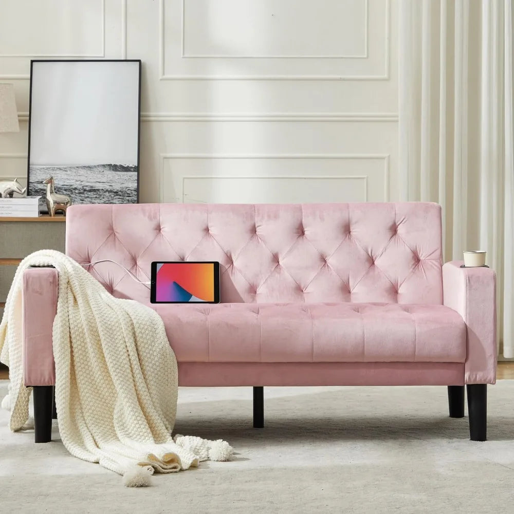 62 Inch Loveseat Sofa with USB Ports and Cupholders Modern Design