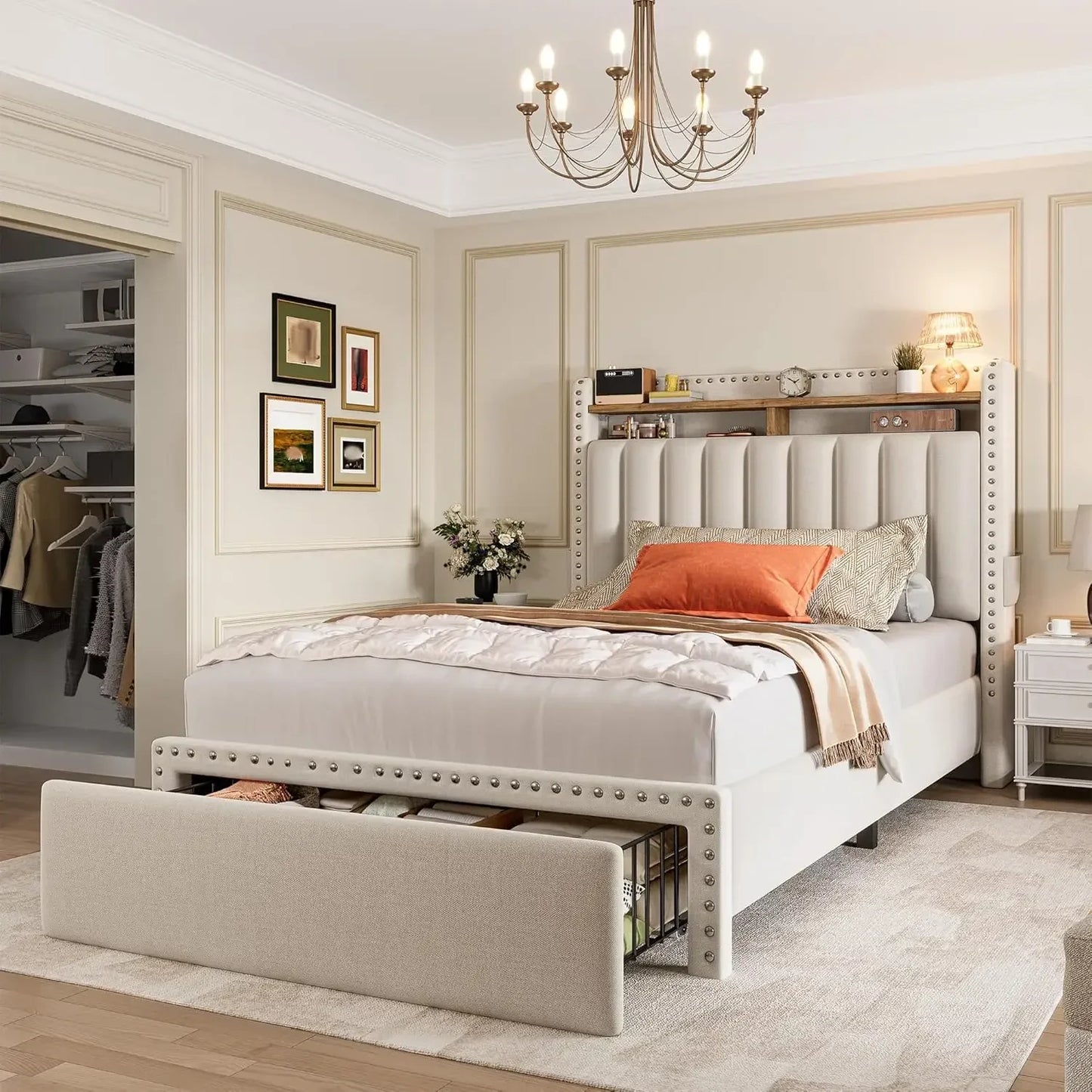 Twin Size Bed Frame with 2-Tier Storage Headboard Upholstered Platform