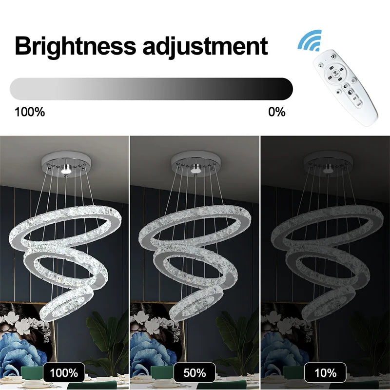 Modern Crystal Rings LED Chandelier Luxury Ceiling Lamp Remote Control