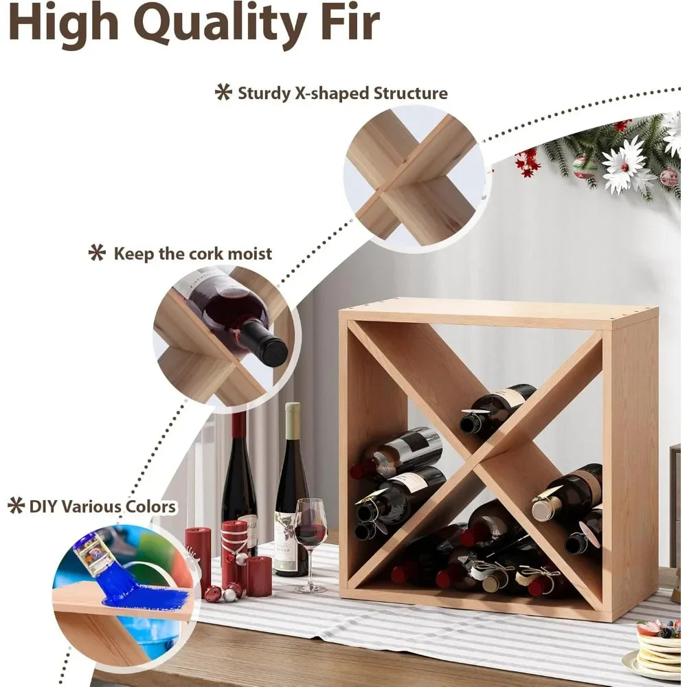 Wine Rack Wooden Countertop Storage Cube Freestanding Holder for 24 Bottles