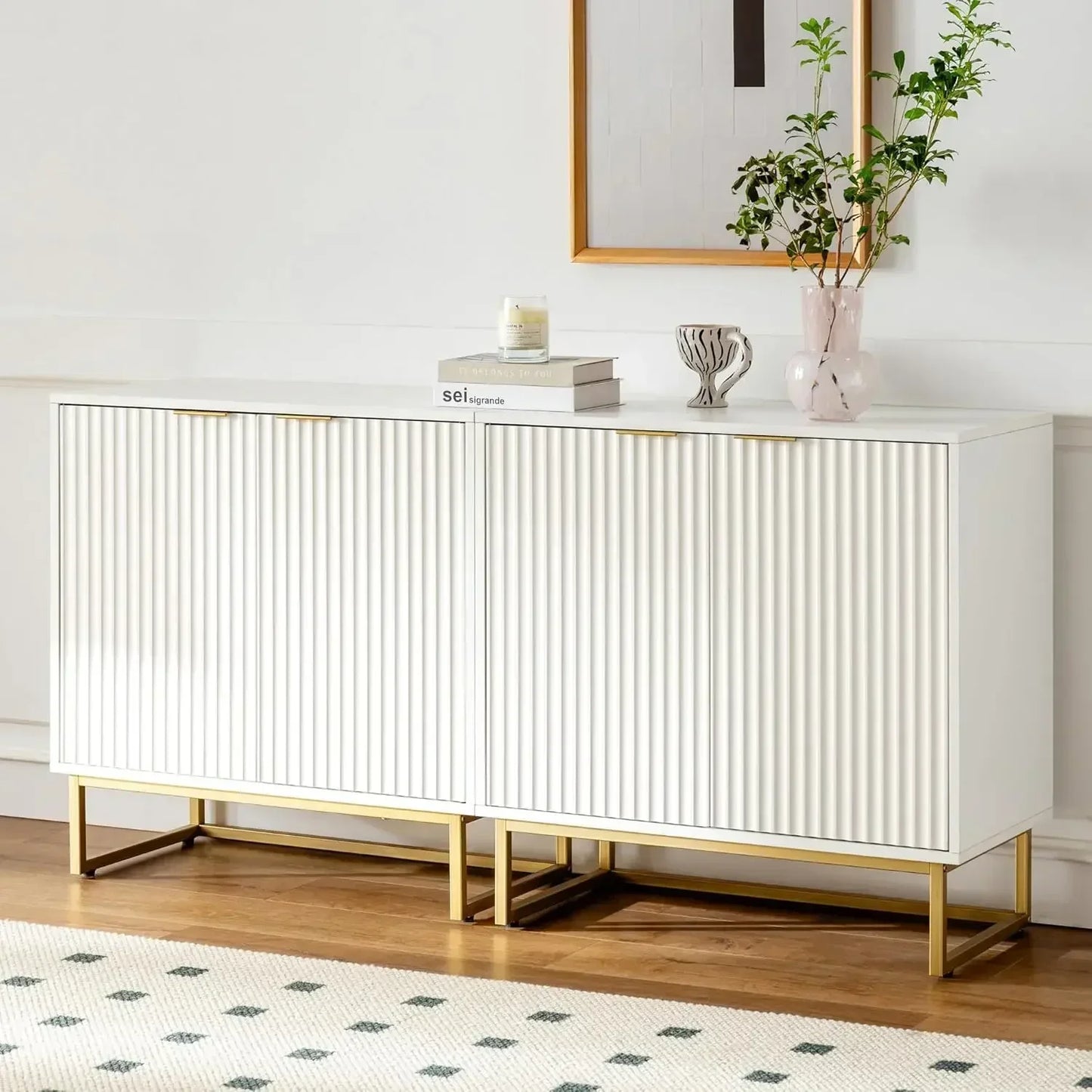 Fluted Storage Cabinet Set of 2 Modern Accent Sideboard Buffet Console