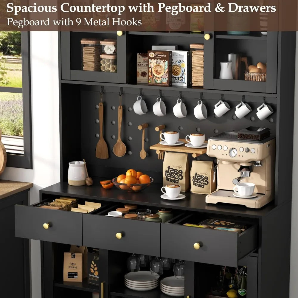 72 Inch Tall Wine Bar Cabinet with Storage Hutch and LED Lighting