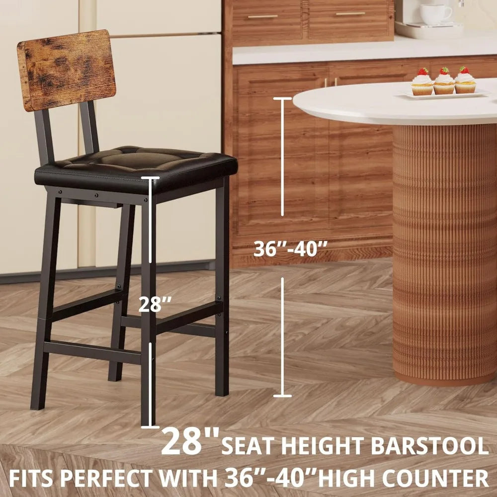 Bar Stools Set of 2 PU Upholstered Stools with Backrest and Footrest