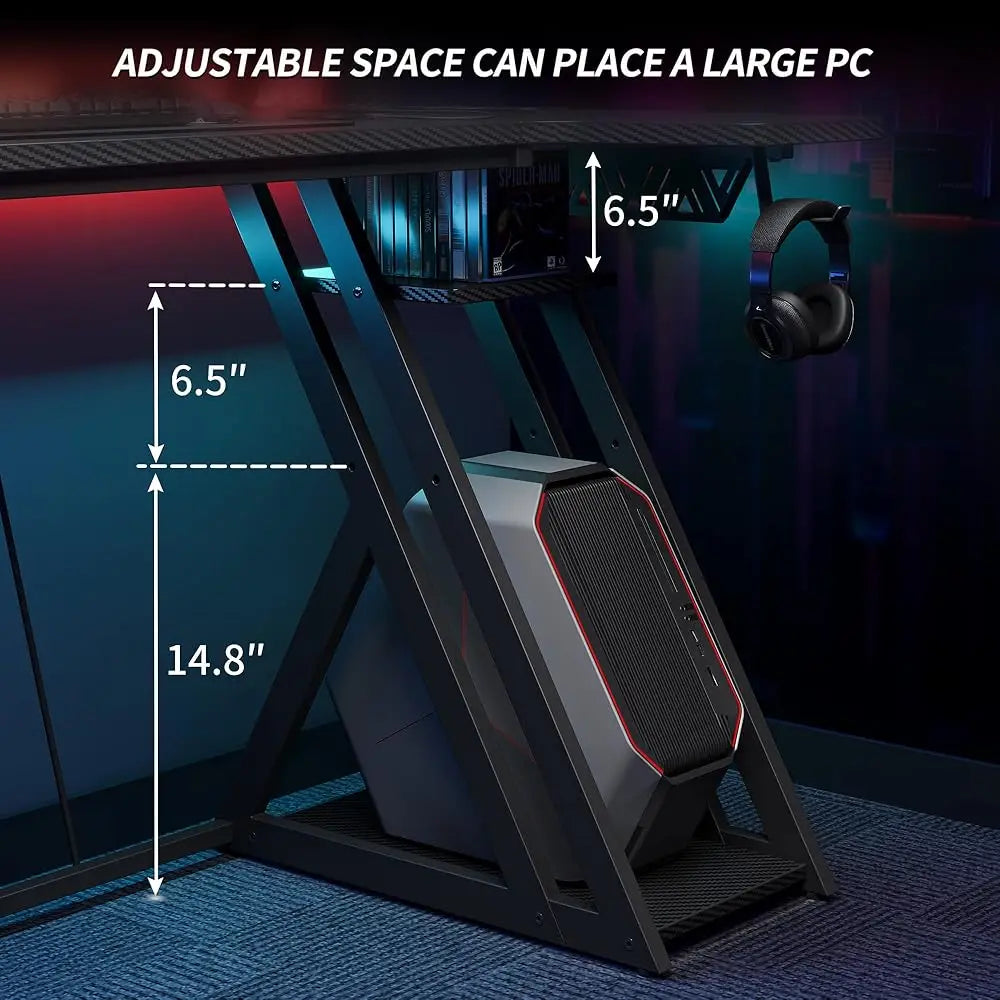 Aurora Gaming Desk L Shaped with LED Lights Power Outlets Storage Shelves