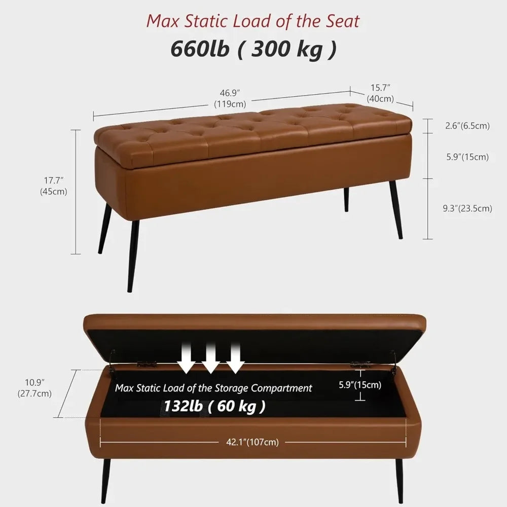 Leather Storage Ottoman Bench Mid-Century Modern Style Living Room Bedroom