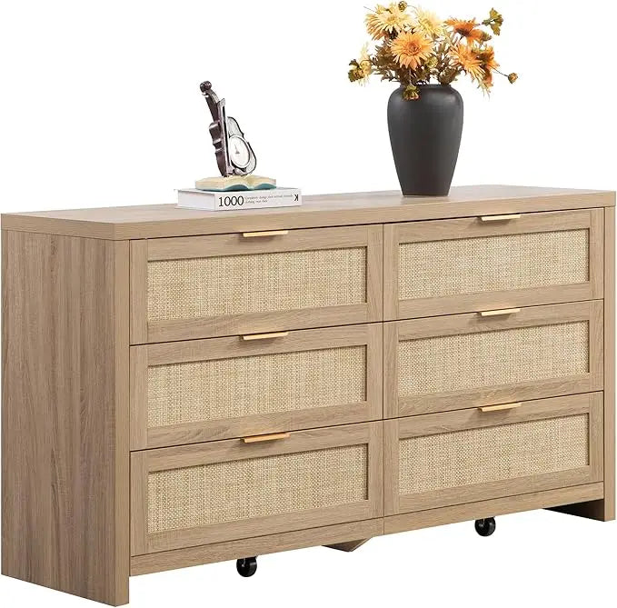 Rattan Dresser 6 Drawer Chest Storage Modern Bohemian Style for Bedroom