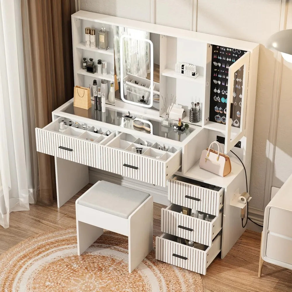 Large White Vanity Desk with Mirror Lights Makeup Table 5 Drawers Charging