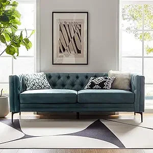 84 Inch Faux Leather Sofa Couch Mid Century Modern 3-Seater Living Room