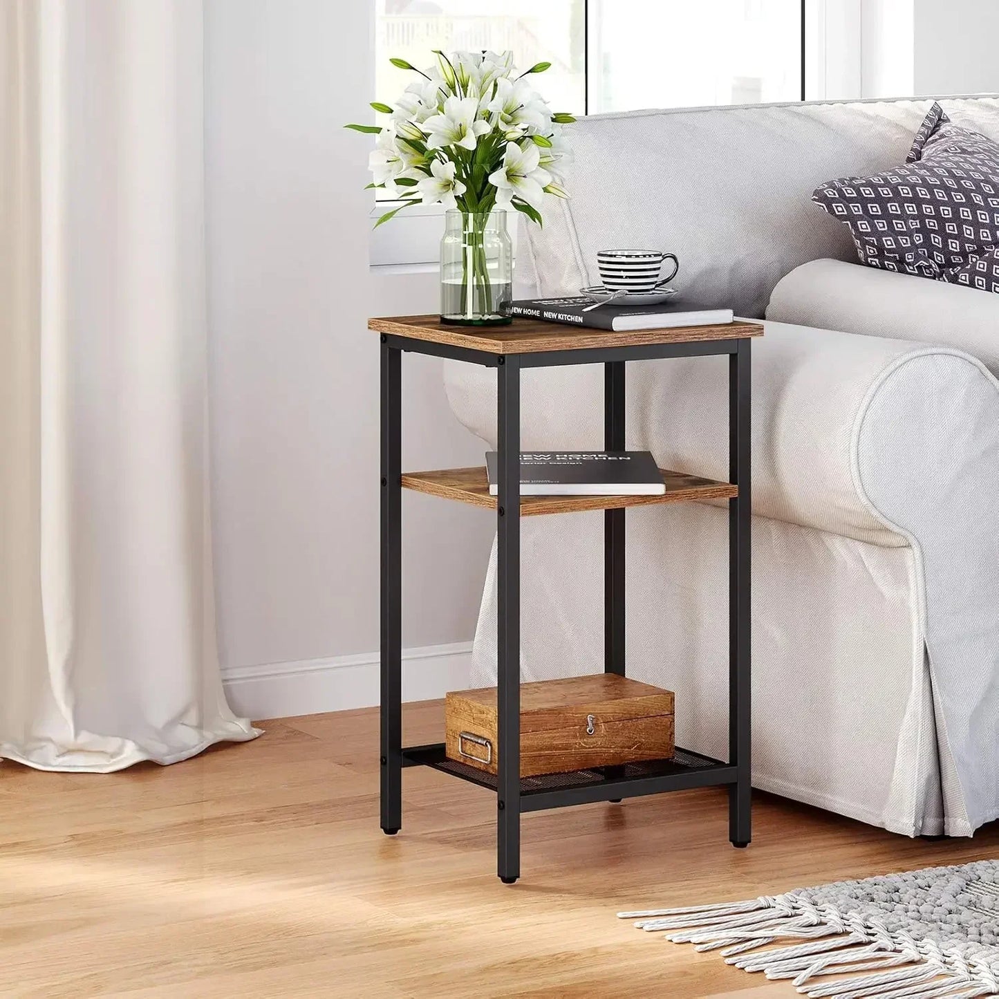End Table Set of 2 Nightstands 3-Tier Steel Frame Easy Assembly