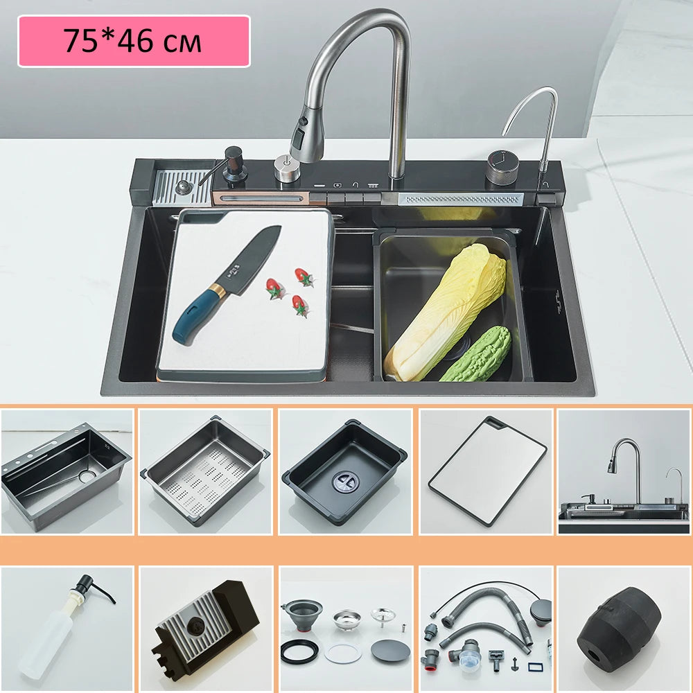 Large Stainless Steel Kitchen Sink 75x45cm with Faucet Digital Display