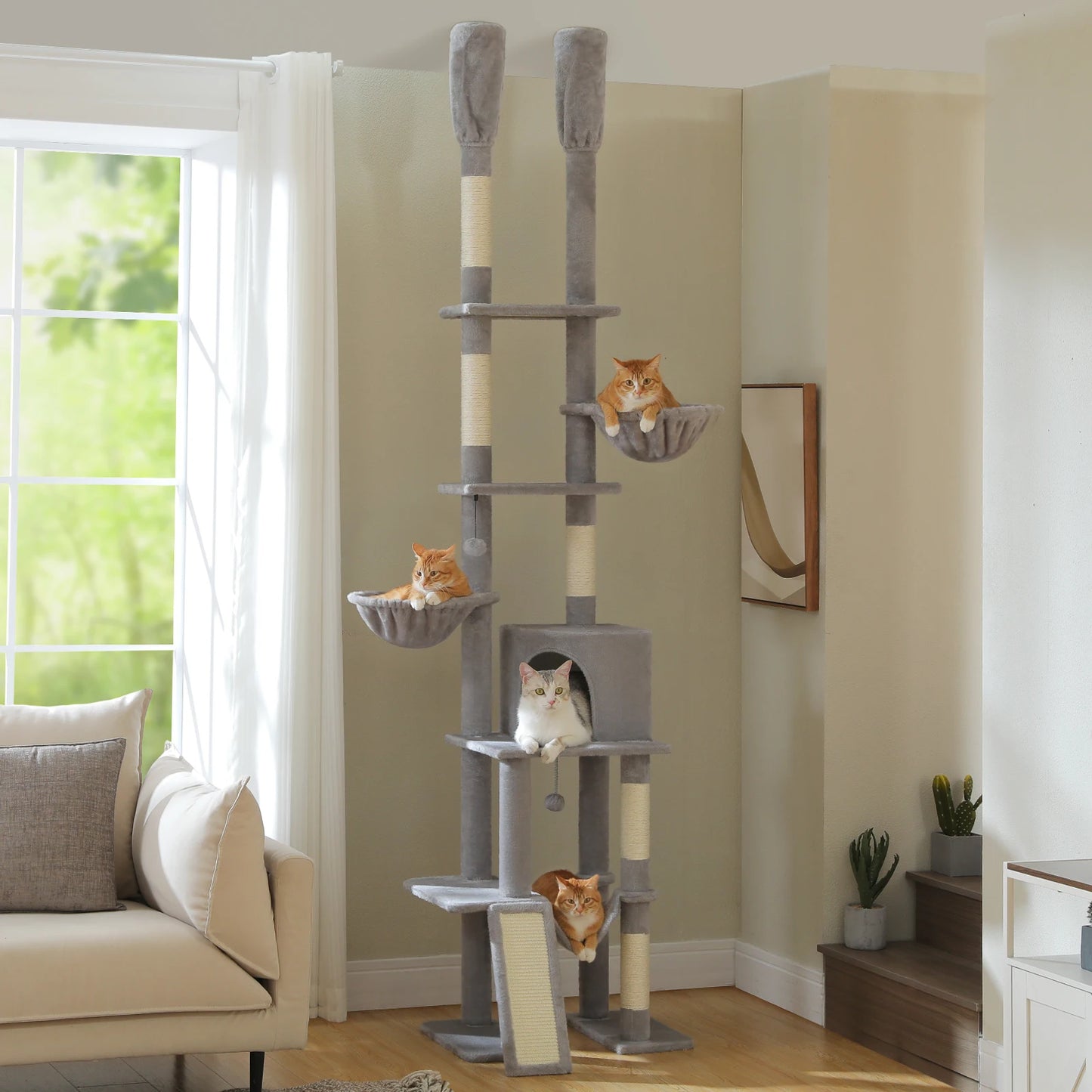 Cactus Cat Tree Floor to Ceiling Cat Tower 7 Tiers with Hammocks and Scratching Posts
