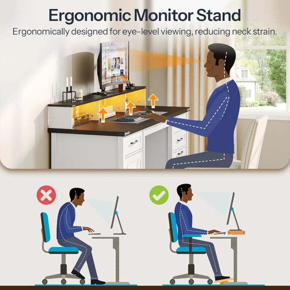 Farmhouse Executive Desk with Drawers LED Light Power Outlet Large