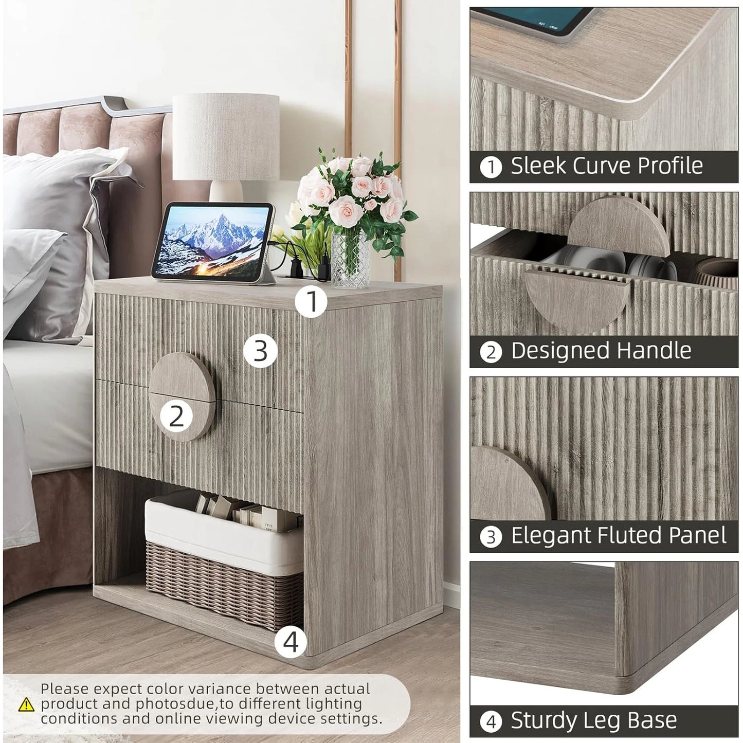 Large Fluted Nightstand Modern Bedside Table Storage for Bedroom Living Room