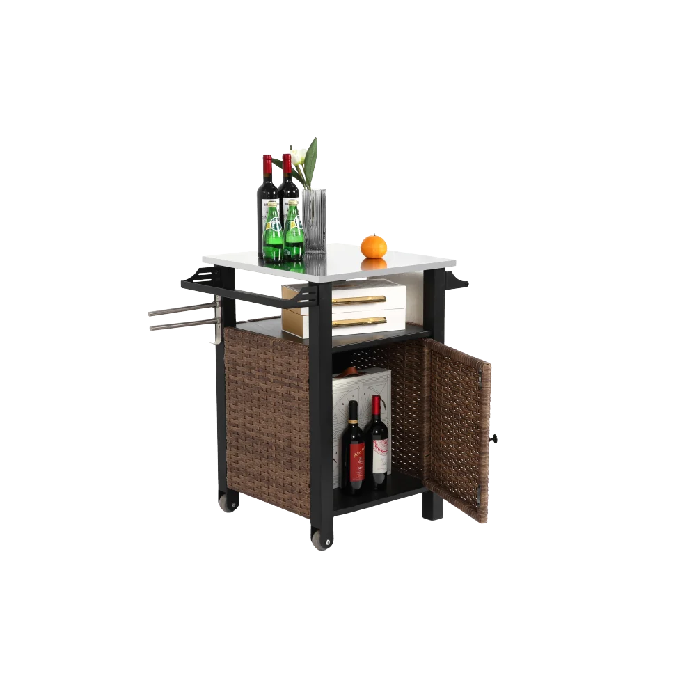 Single Door Bar Cart Outdoor Kitchen Wicker Rolling Cart Storage Cabinet