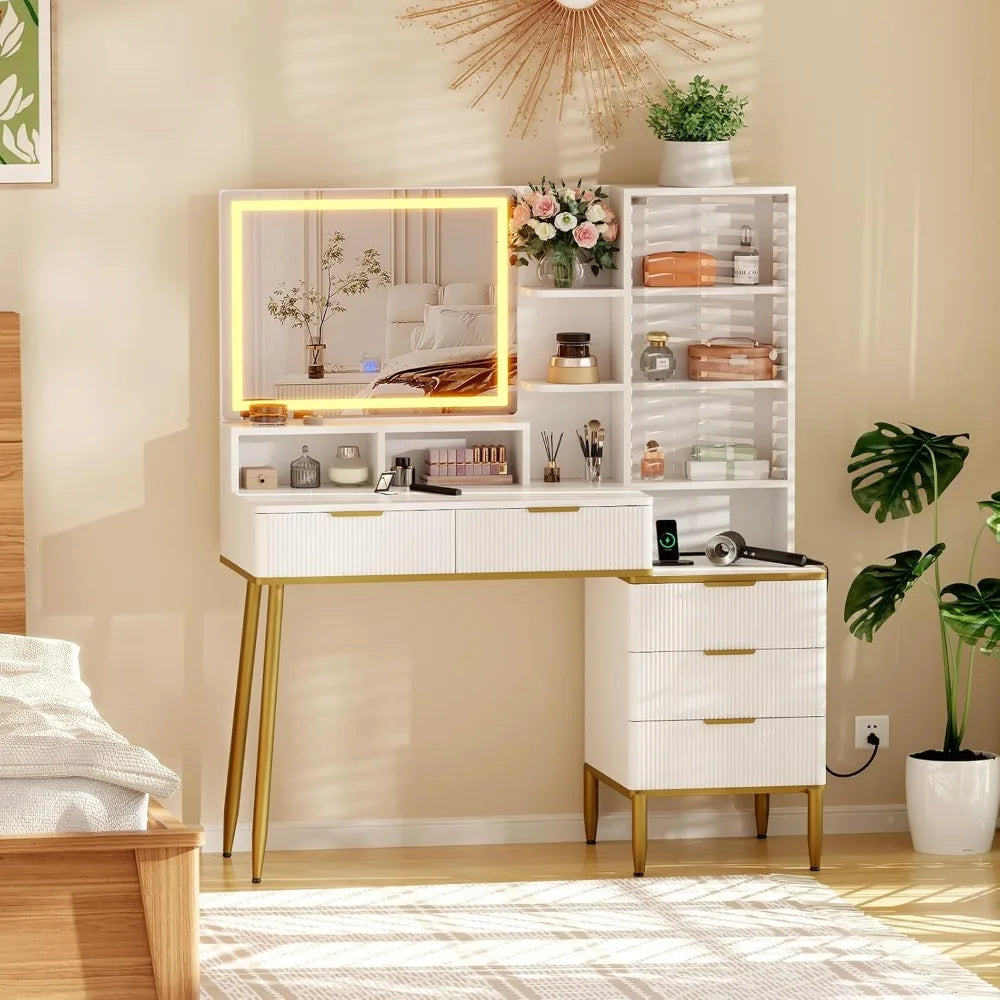 Fluted Vanity Desk with Mirror and Lights Makeup Storage Organizer