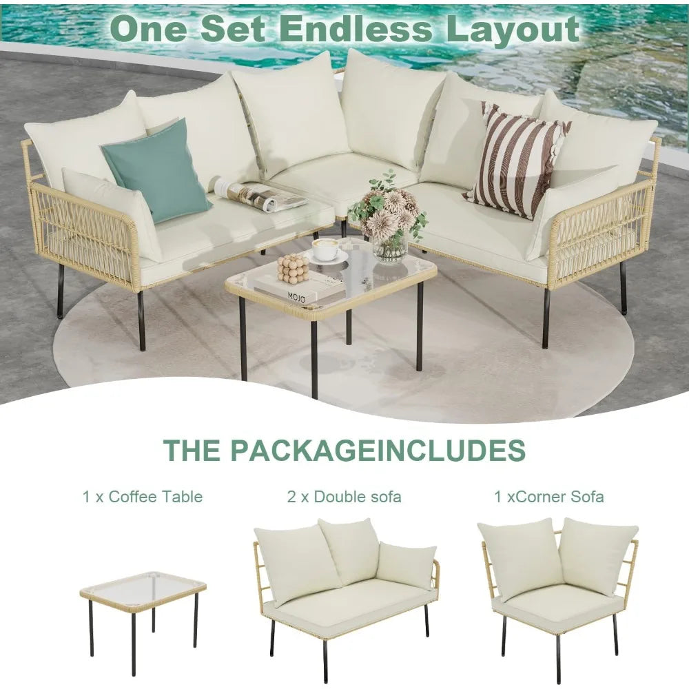 4-Piece Outdoor Wicker Patio Furniture Set with Cushions & Coffee Table – Boho L-Shaped Sectional