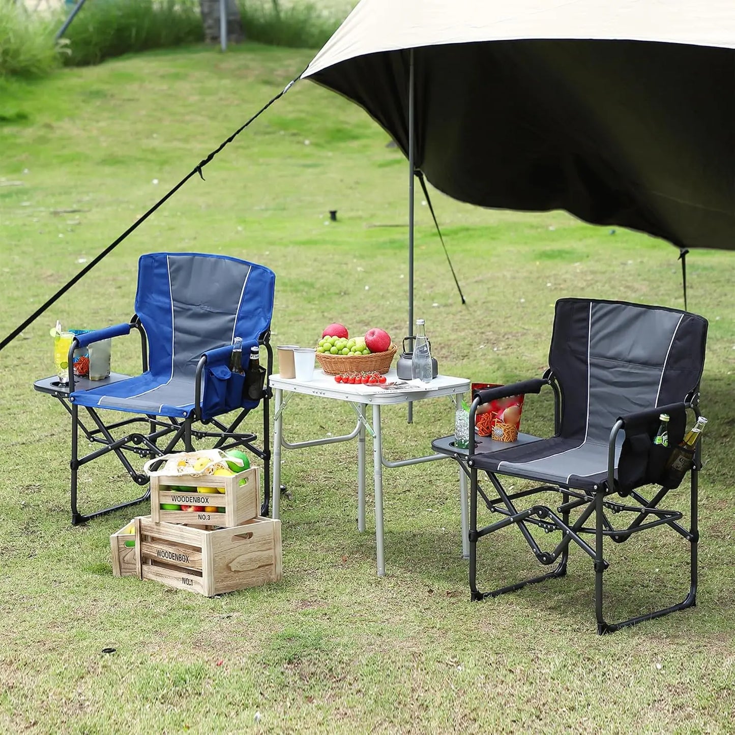 Folding Camping Chair with Side Table Pocket and Beverage Holder for Outdoors