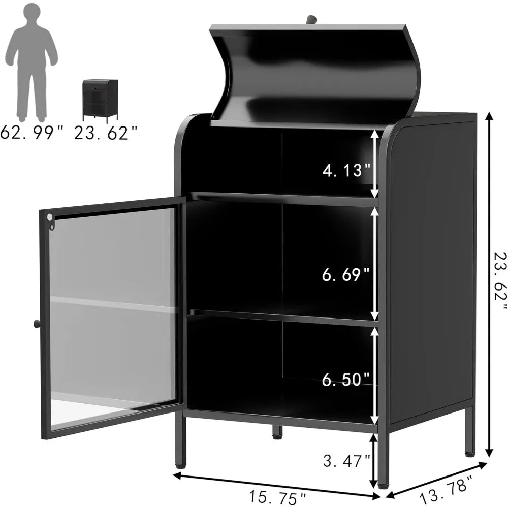Metal Nightstand Set of 2 Modern Side Table Flip-Top Storage Glass Door