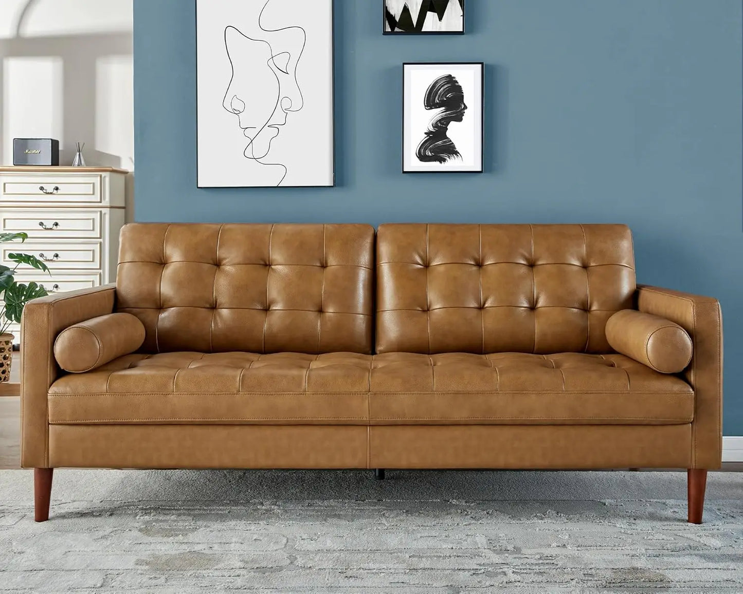 Ljustra Leather Sofa Mid-Century Modern 3 Seater Comfy Couch Living Room