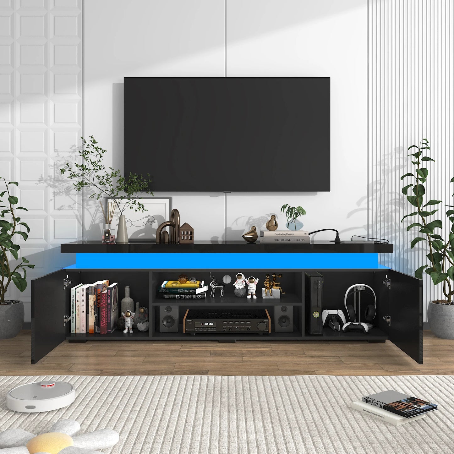 66 Inch LED TV Stand Modern Gaming Cabinet with Power Outlet Storage