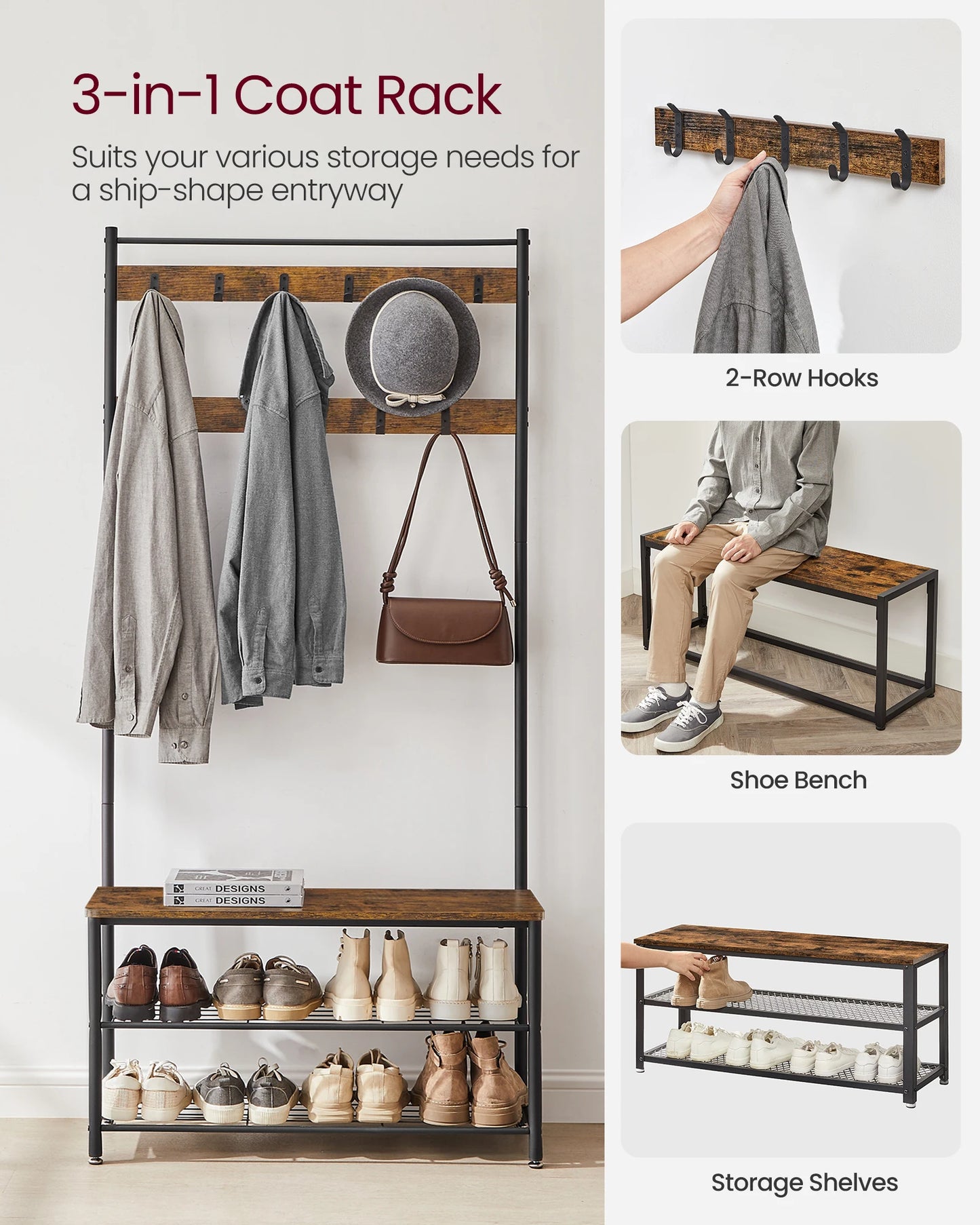 Ljustra 3-in-1 Coat Rack Hall Tree Shoe Storage Entryway Bench