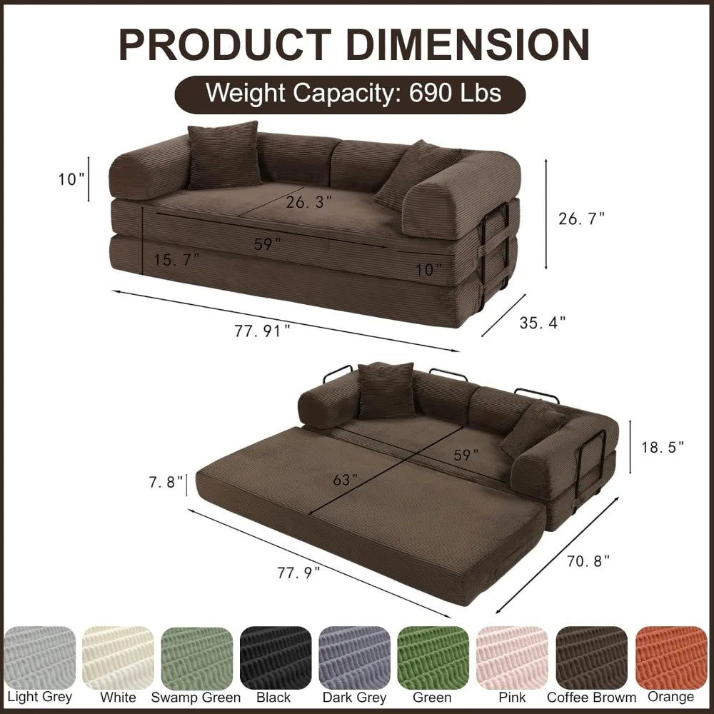 Ljustra Convertible Sofa Bed King Size Corduroy Sleeper Couch No Assembly