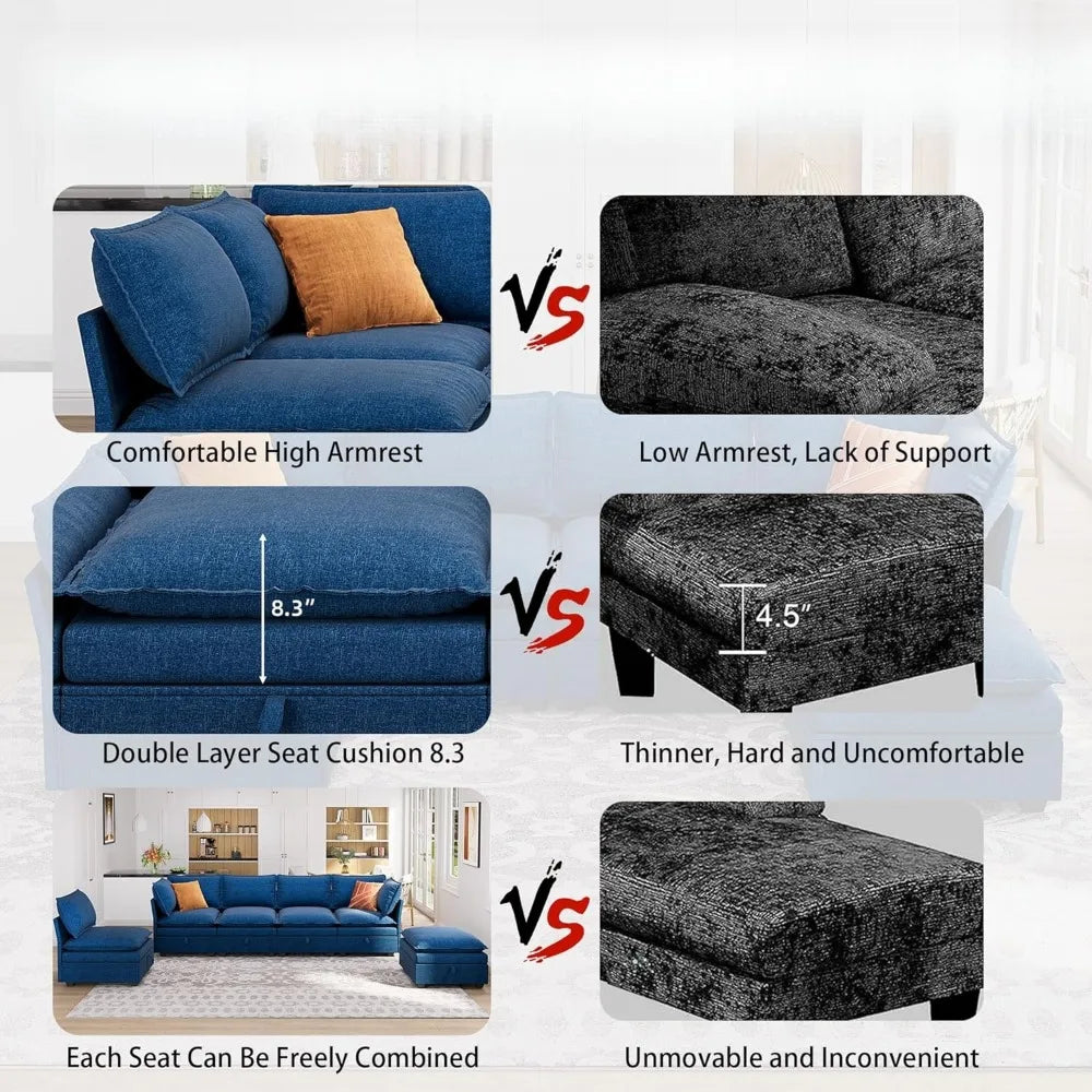 115” U-Shaped Modular Sofa Blue Sectional w/ Storage 6-Person Seating