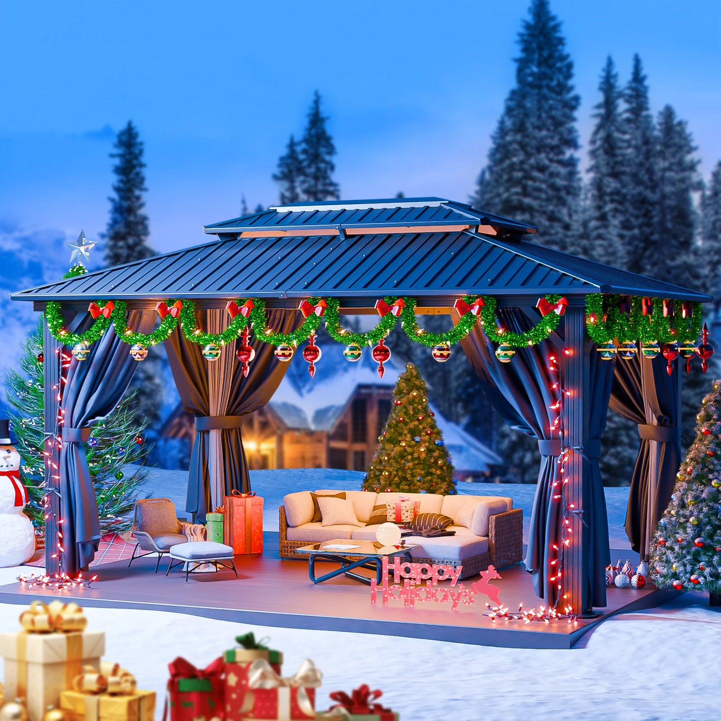 10x12ft Hardtop Gazebo Heavy Duty Aluminum Frame with Netting Curtains