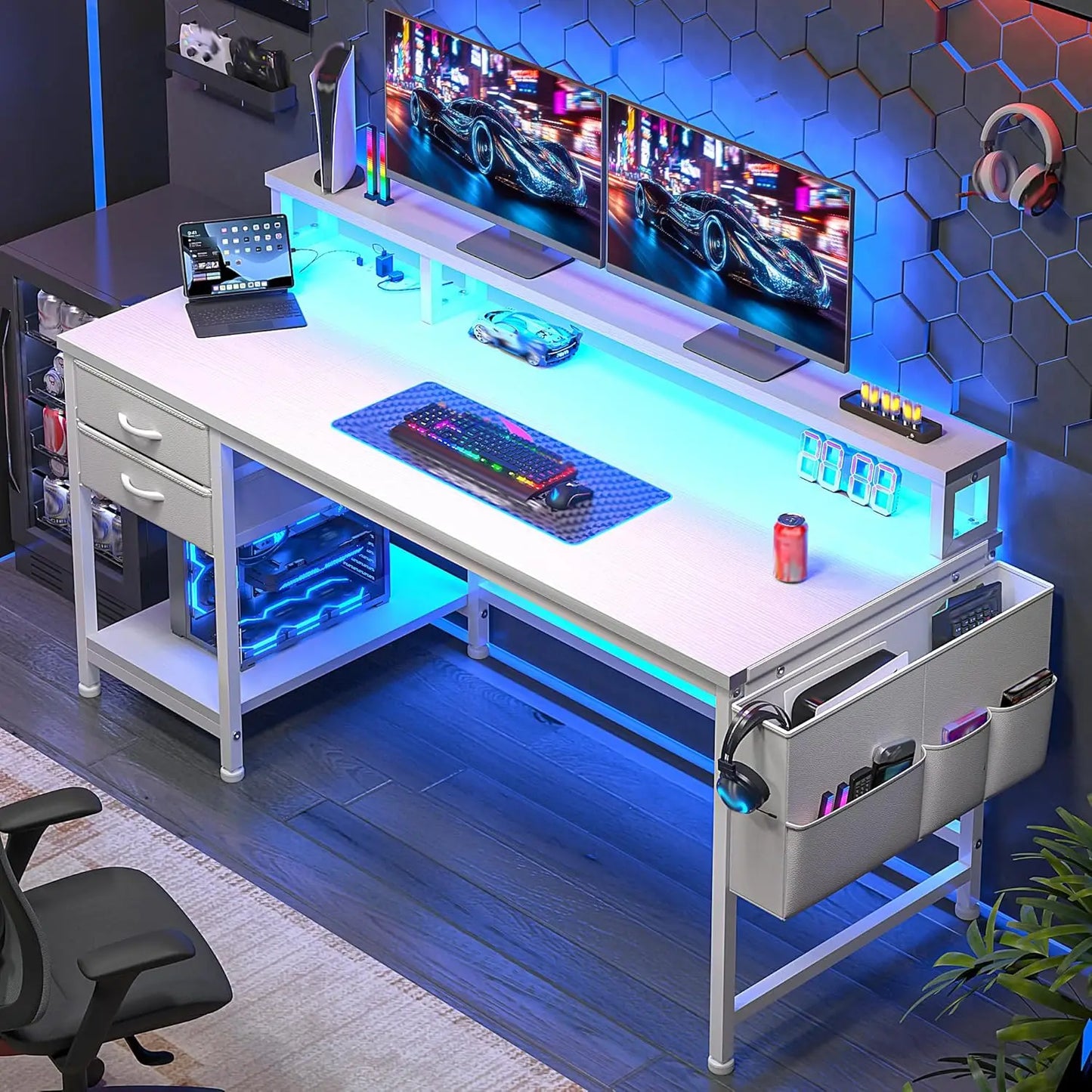 Ljustra Computer Desk with Drawers Storage Bag Power Outlets Monitor Stand