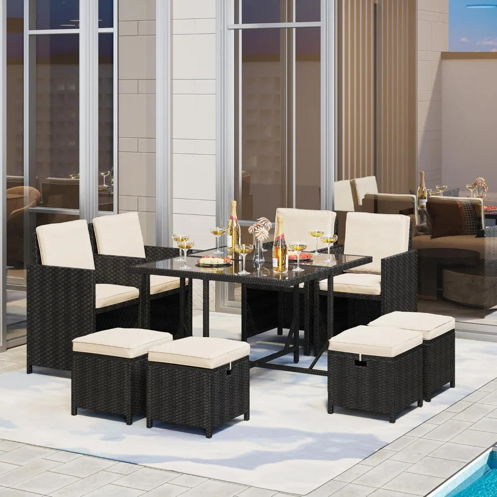 9-Piece Outdoor Rattan Dining Set Space Saving Wicker Furniture