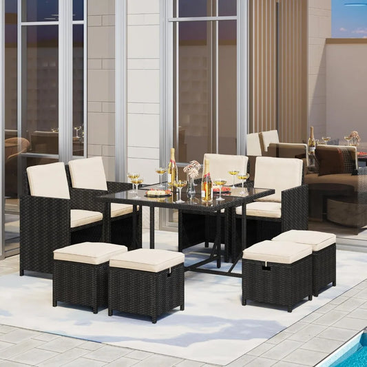 9-Piece Outdoor Rattan Dining Set Space Saving Wicker Furniture