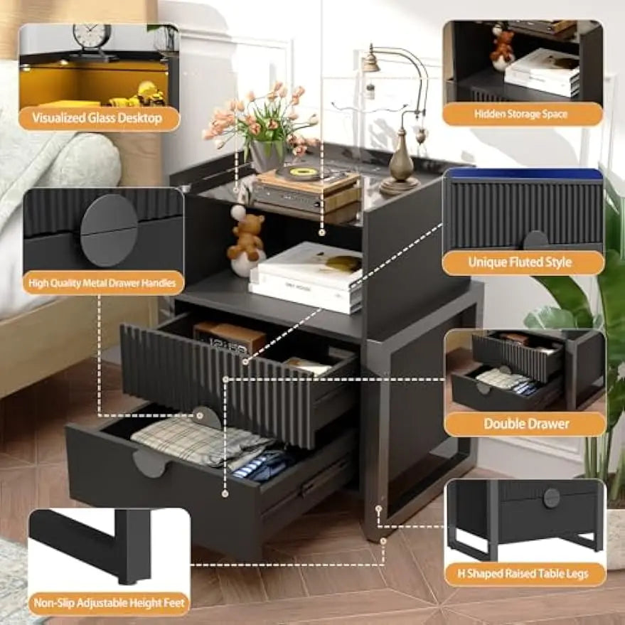 Fluted Nightstand with Charging Station and LED Lights Modern End Table