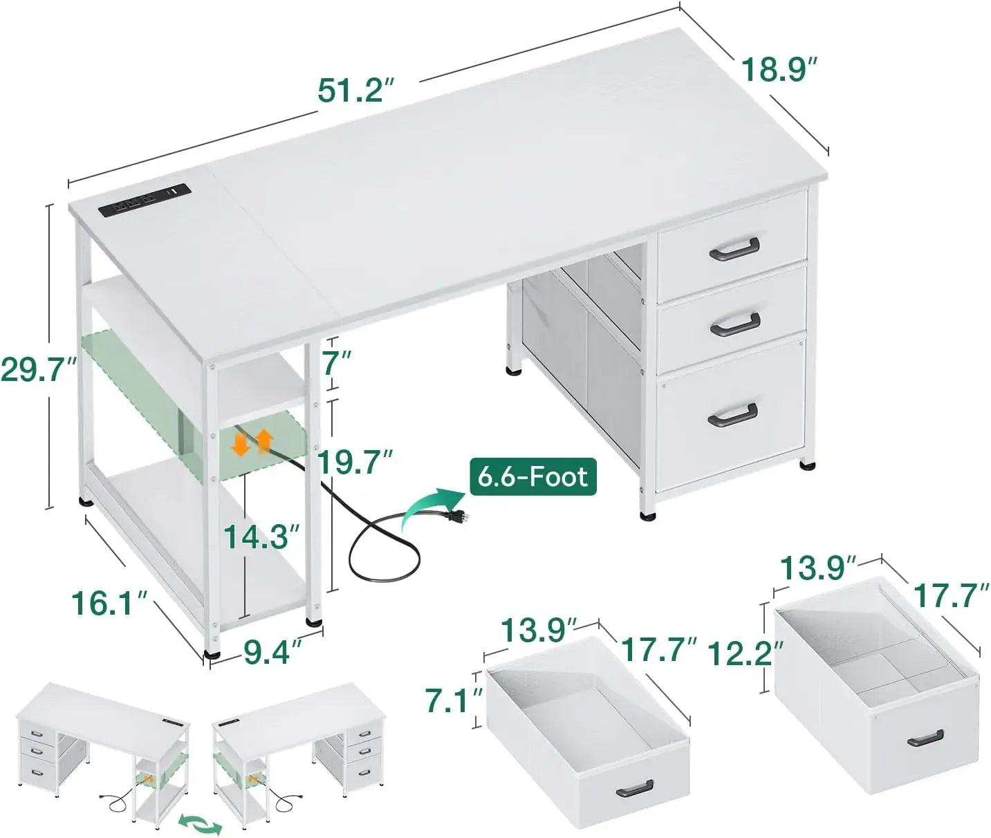51 Inch Reversible Computer Desk with USB Power Outlets and Storage