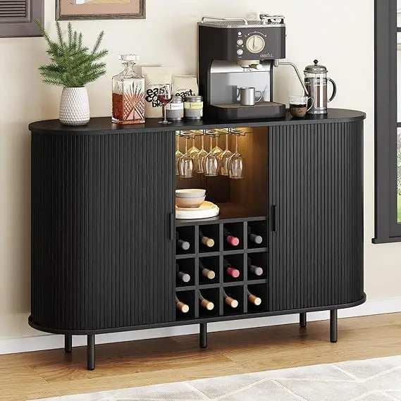 Modern 55 Inch Wine Bar Cabinet LED Lighting Whiskey Coffee Station