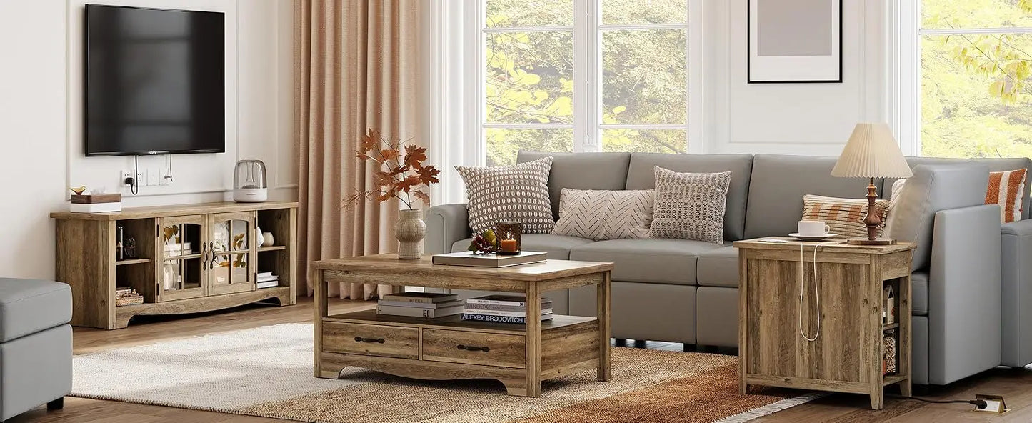 Ljustra Farmhouse End Table with Charging Station Narrow Side Table Storage