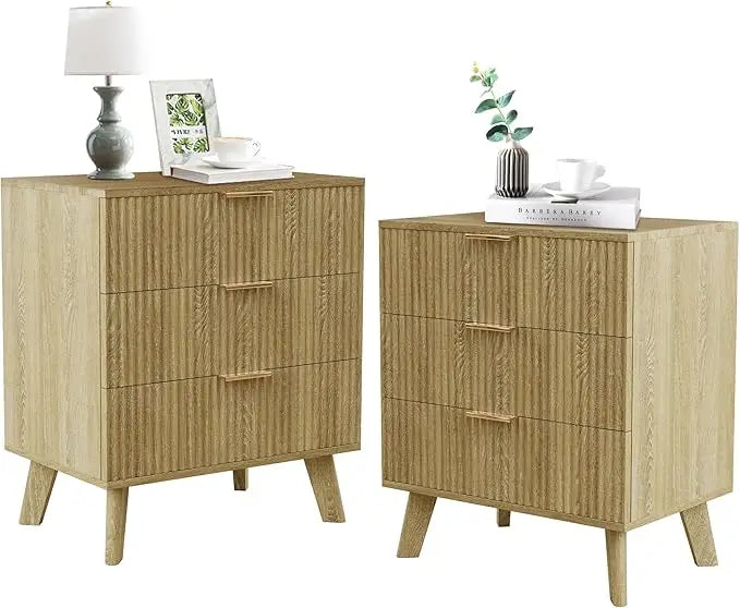 Mid Century Modern 3 Drawer Dresser Nightstand Storage Cabinet Set of 2