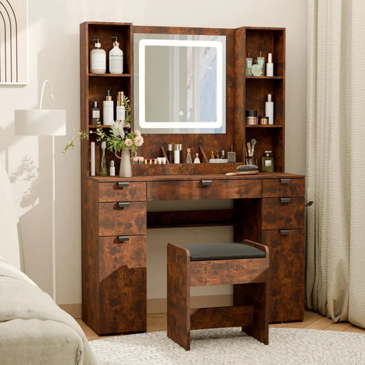 Makeup Vanity Table Set with Mirror Lights and Chair Touch-Sensitive