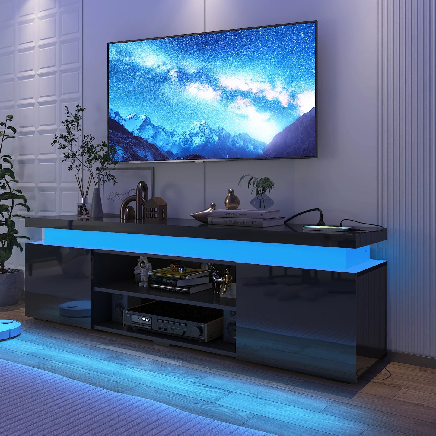 66 Inch LED TV Stand Modern Gaming Cabinet with Power Outlet Storage