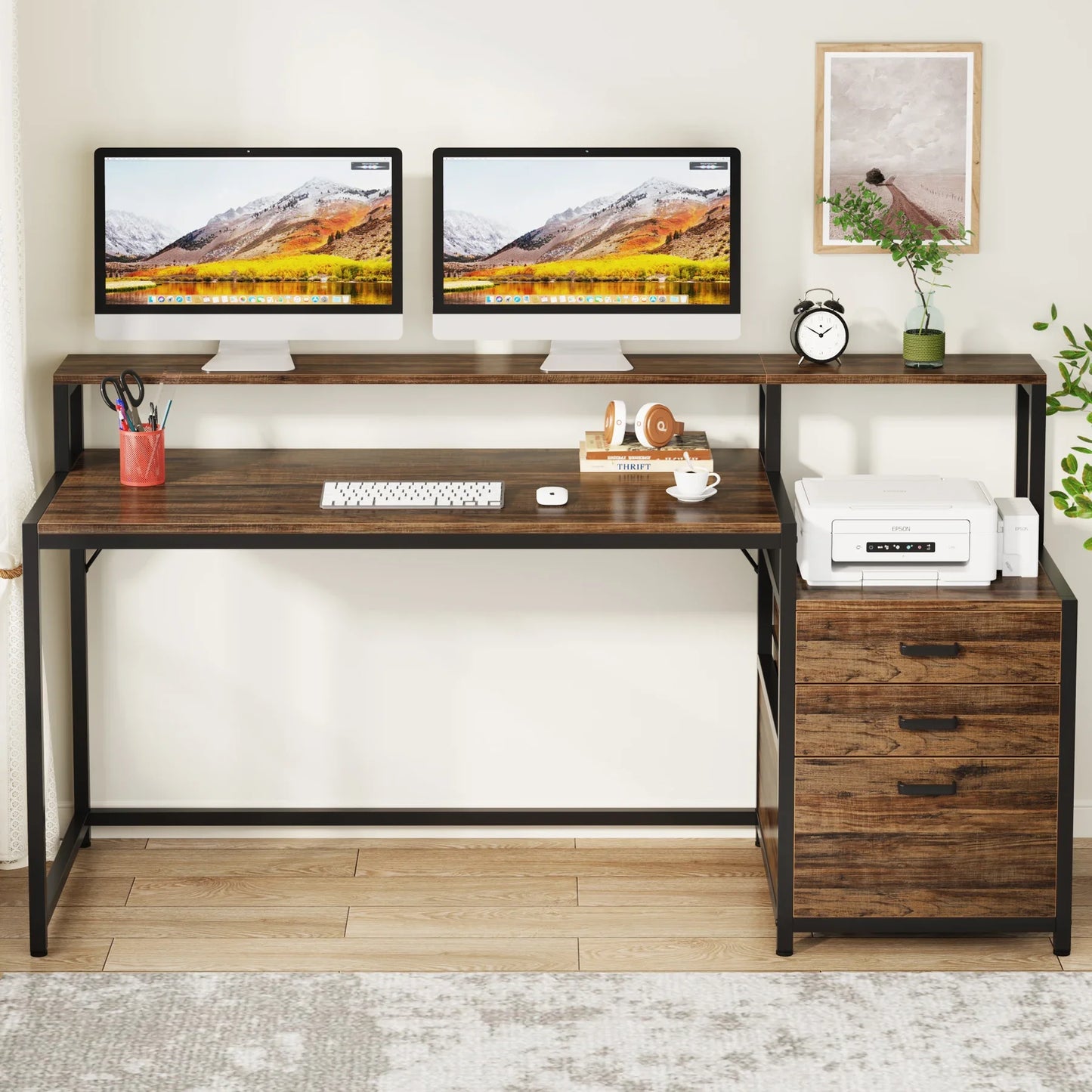 Ljustra 63 Inch Ergonomic Computer Desk with File Drawer Cabinet